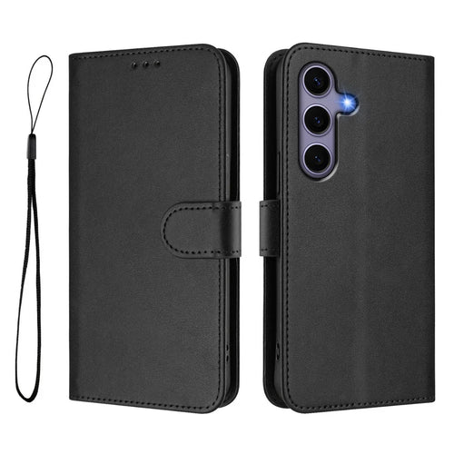 For Samsung Galaxy S24 / Galaxy S25 Wallet Case RFID Blocking Calf Texture Leather Stand Phone Cover with Strap - Black - 1
