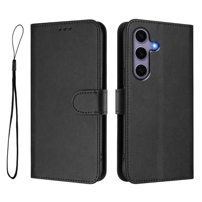For Samsung Galaxy S24 / Galaxy S25 Wallet Case RFID Blocking Calf Texture Leather Stand Phone Cover with Strap - Black - 1