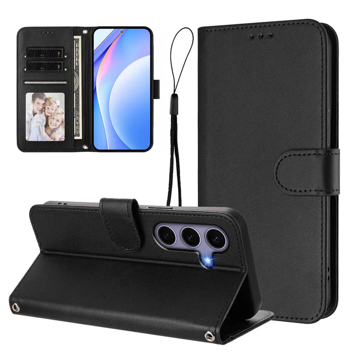 For Samsung Galaxy S24 / Galaxy S25 Wallet Case RFID Blocking Calf Texture Leather Stand Phone Cover with Strap - Black - 3