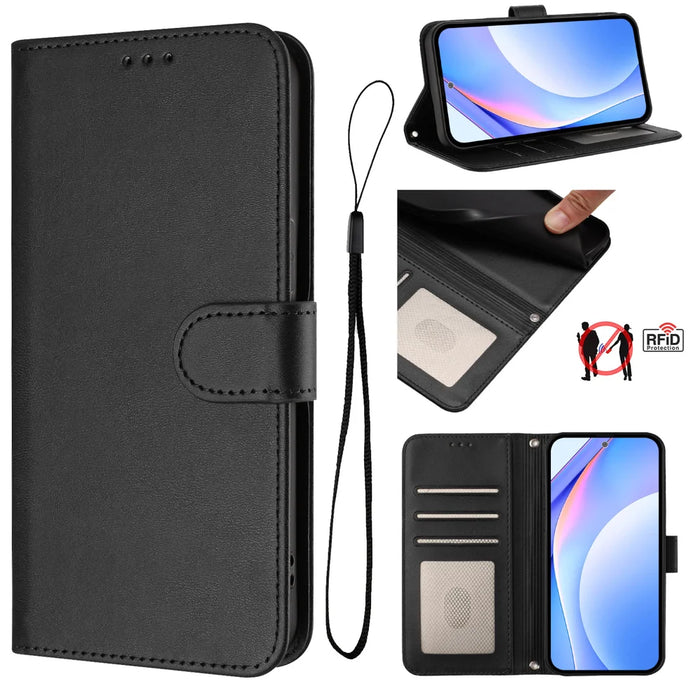 For Samsung Galaxy S24 / Galaxy S25 Wallet Case RFID Blocking Calf Texture Leather Stand Phone Cover with Strap - Black - 5