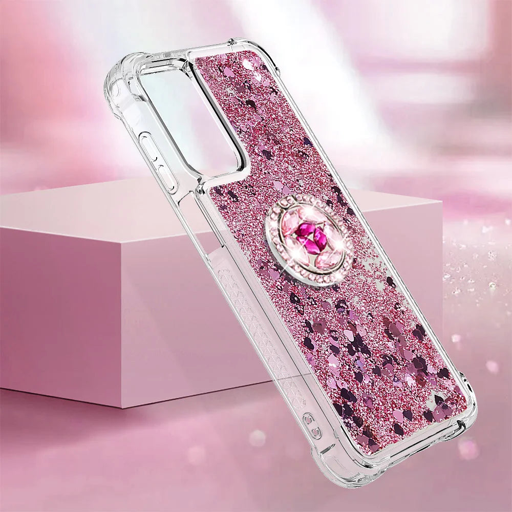 For Samsung Galaxy A18 5G / A18 4G / A17 5G / A17 4G / A26 5G TPU Case with Kickstand Quicksand Shockproof Cover - Rose Gold / Hearts - 6