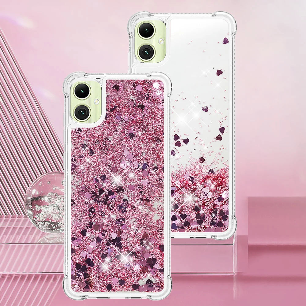 For Samsung Galaxy A08 5G / A08 4G / A07 4G TPU Case Glitter Quicksand Shockproof Phone Back Cover - Rose Gold / Hearts - 7