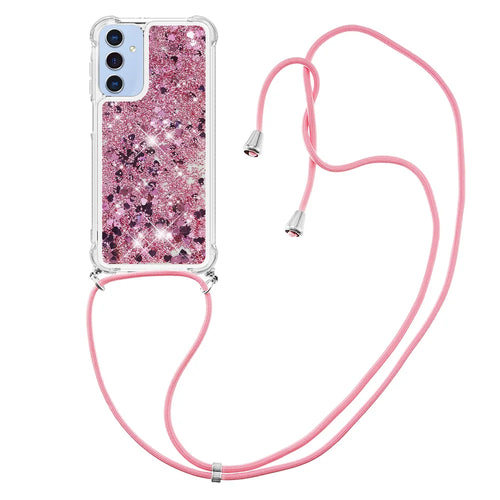 For Samsung Galaxy A18 5G / A18 4G / A17 5G / A17 4G / A26 5G TPU Case Quicksand Phone Cover with Lanyard - Rose Gold / Hearts - 1