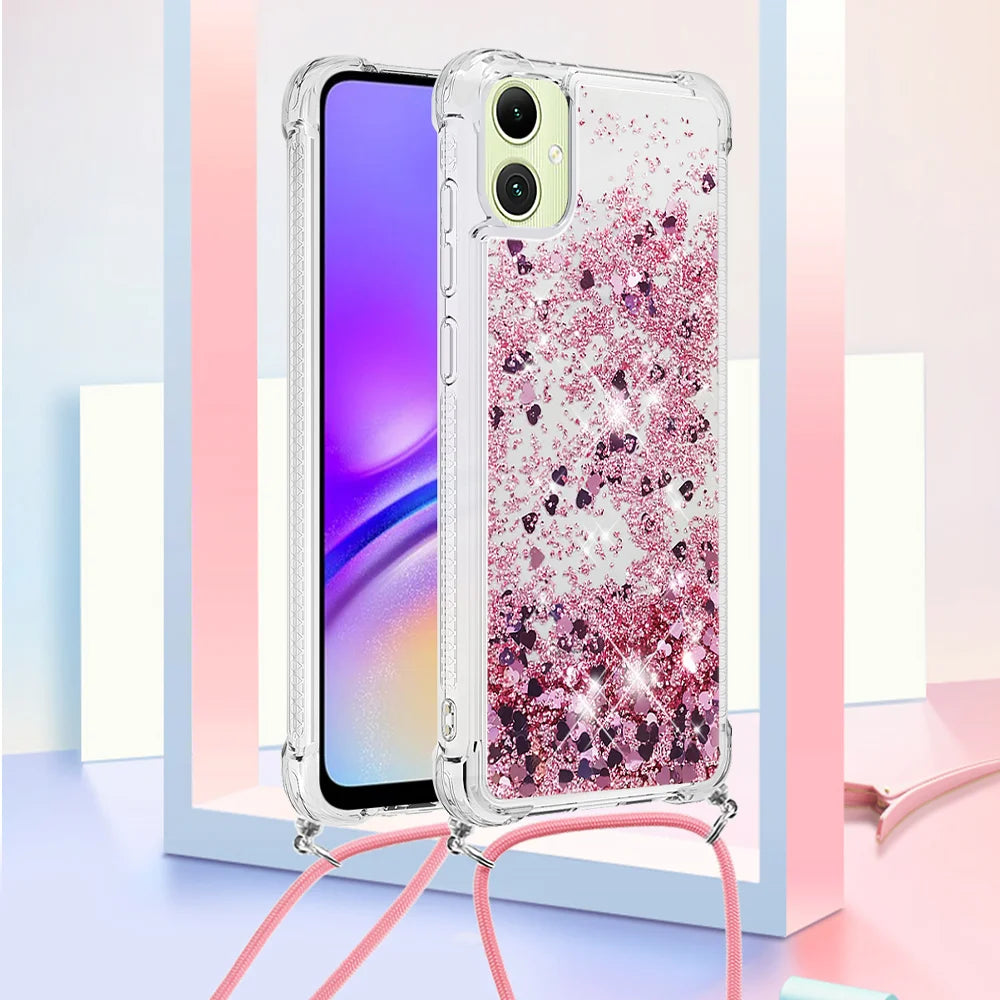 For Samsung Galaxy A08 5G / A08 4G / A07 4G TPU Case Quicksand Phone Cover with Lanyard - Rose Gold / Hearts - 2