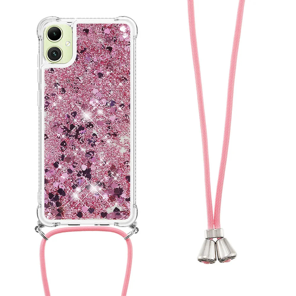 For Samsung Galaxy A08 5G / A08 4G / A07 4G TPU Case Quicksand Phone Cover with Lanyard - Rose Gold / Hearts - 3
