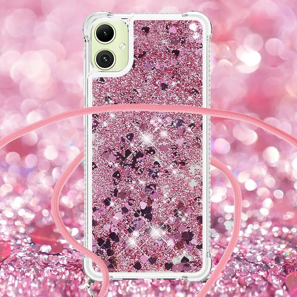 For Samsung Galaxy A08 5G / A08 4G / A07 4G TPU Case Quicksand Phone Cover with Lanyard - Rose Gold / Hearts - 4