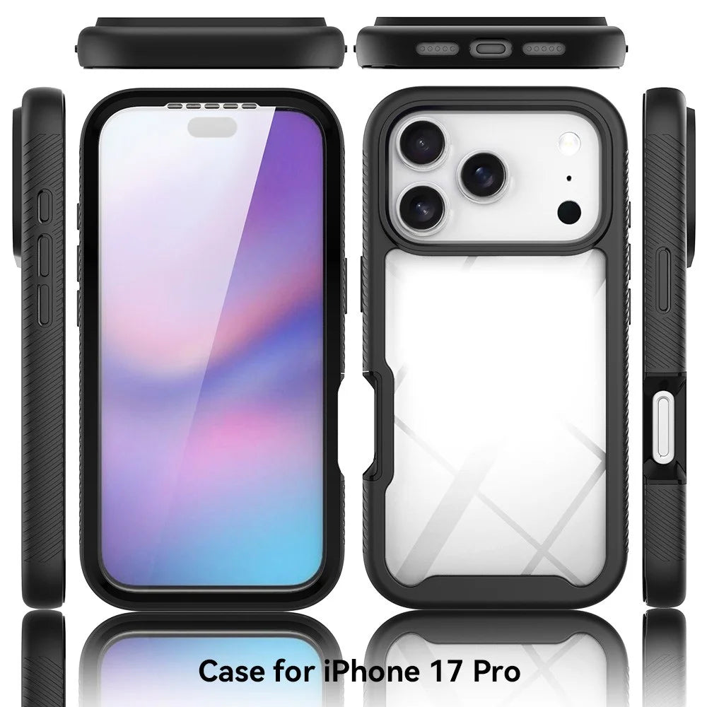 Clear Case for iPhone 18 Pro / 17 Pro PC + TPU Phone Back Cover with PET Screen Film - Black - 7