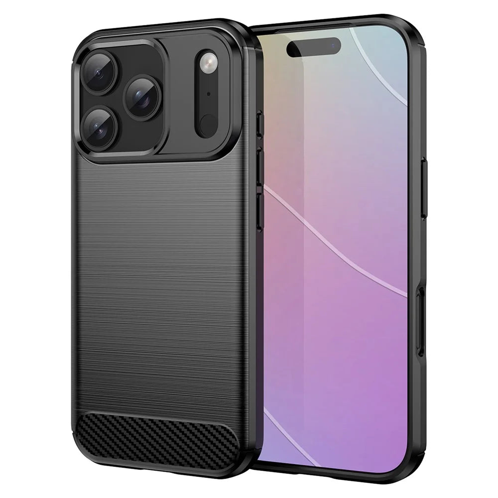 For iPhone 17 Pro Case Protective Phone Cover Carbon Fiber Texture Brushed - Black - 1