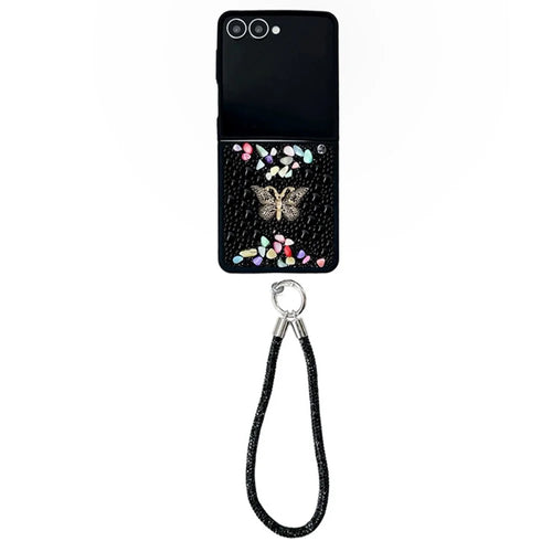 For Samsung Galaxy Z Flip7 5G Phone Case with Hand Strap Colorful Rhinestone Butterfly Decor PC Mobile Cover - Black - 1