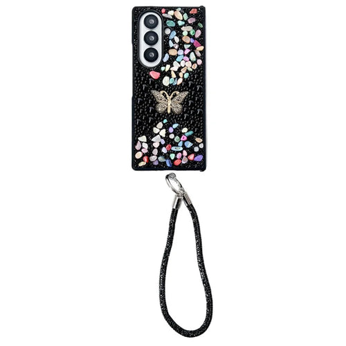 For Samsung Galaxy Z Fold7 5G Phone Case with Hand Strap Colorful Rhinestone Butterfly Decor PC Mobile Cover - Black - 1