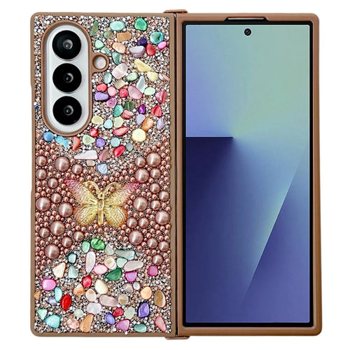 For Samsung Galaxy Z Fold7 5G PC Phone Case Colorful Rhinestone Butterfly Decor Mobile Cover - Gold - 1