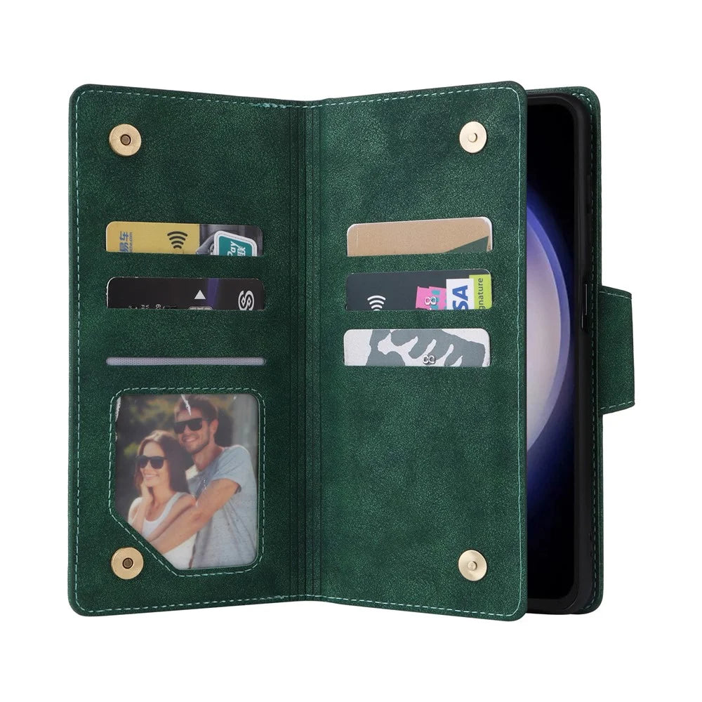 For Samsung Galaxy S25 FE Case Zipper Wallet Rivet Decor Leather Phone Cover with Wrist Strap - Green - 2