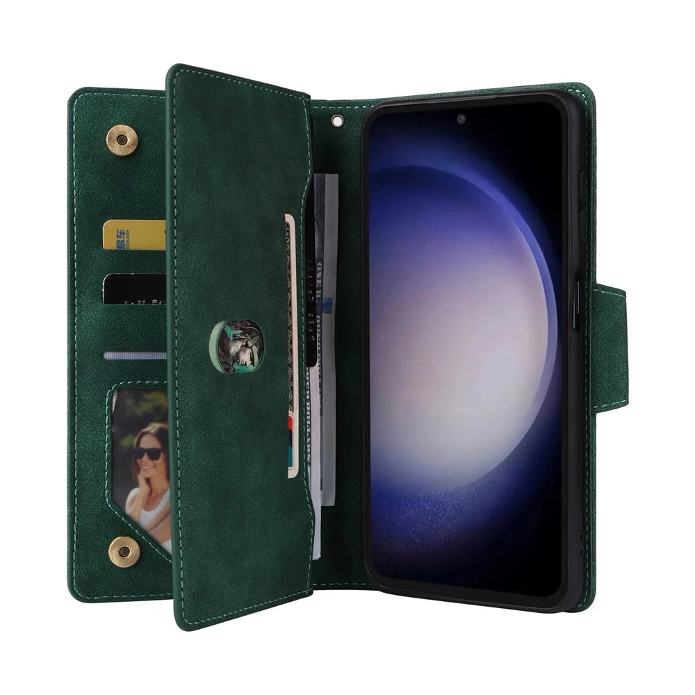For Samsung Galaxy S25 FE Case Zipper Wallet Rivet Decor Leather Phone Cover with Wrist Strap - Green - 3