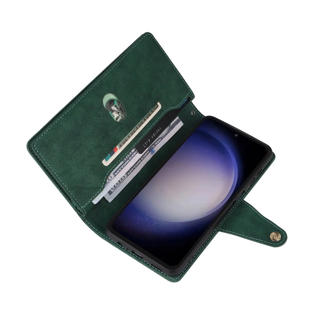 For Samsung Galaxy S25 FE Case Zipper Wallet Rivet Decor Leather Phone Cover with Wrist Strap - Green - 5