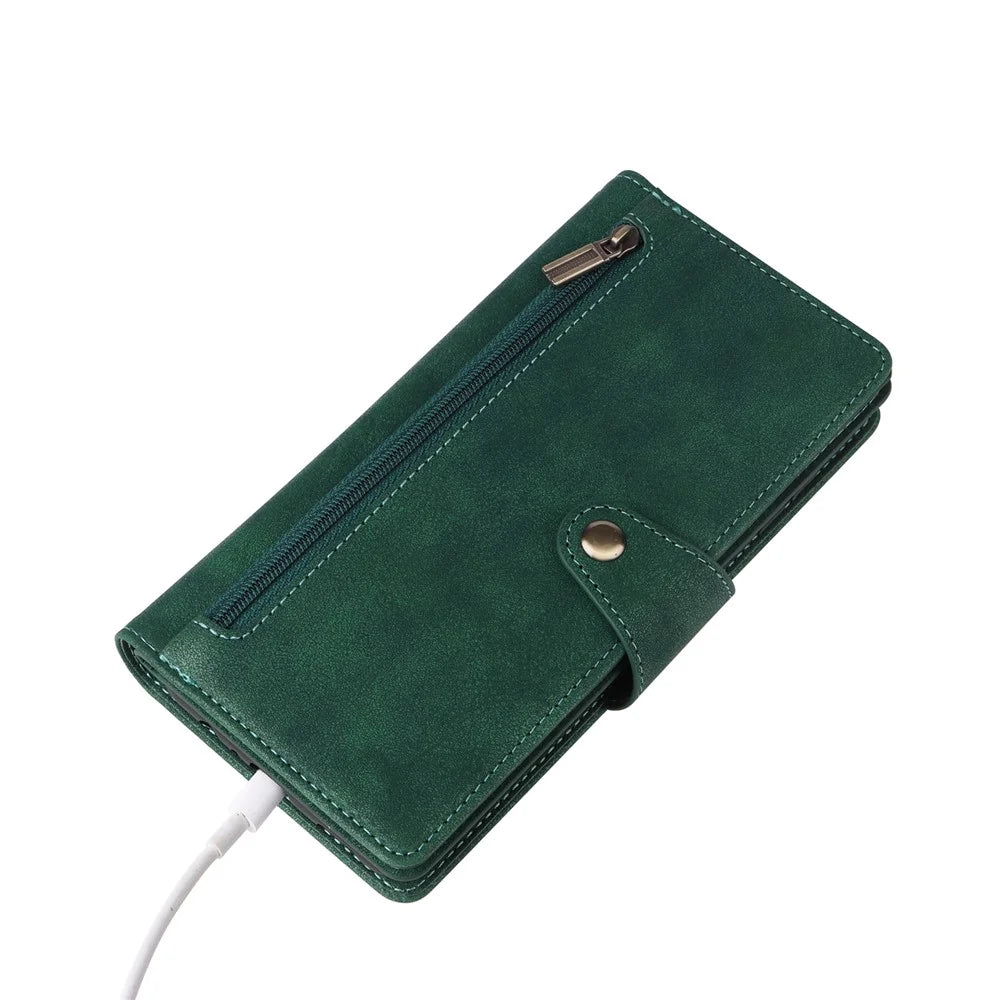 For Samsung Galaxy S25 FE Case Zipper Wallet Rivet Decor Leather Phone Cover with Wrist Strap - Green - 6