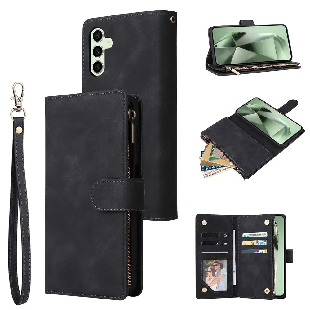 For Samsung Galaxy S25 FE Case Zipper Wallet Multiple Card Slots Leather Phone Cover with Wrist Strap - 1