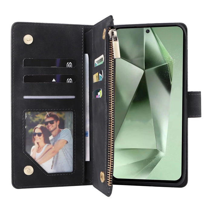 For Samsung Galaxy S25 FE Case Zipper Wallet Multiple Card Slots Leather Phone Cover with Wrist Strap - 3