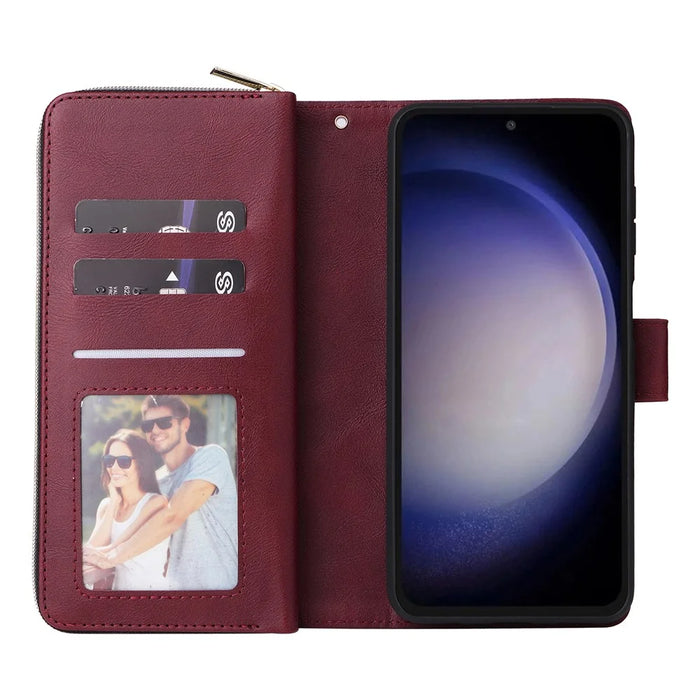 For Samsung Galaxy S25 FE Case Zipper Pocket PU Leather Phone Cover with Hand Strap - Wine Red - 2