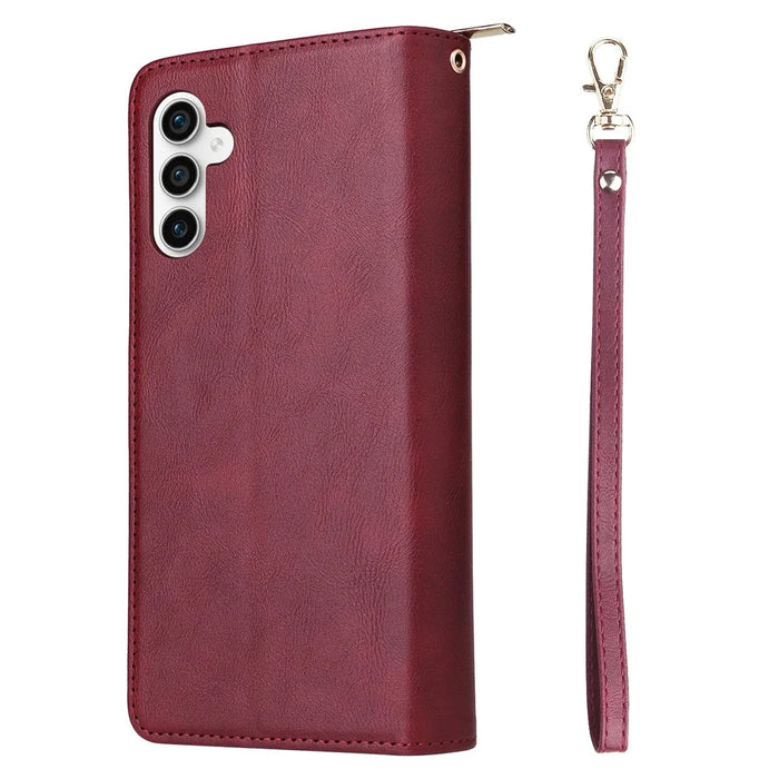 For Samsung Galaxy S25 FE Case Zipper Pocket PU Leather Phone Cover with Hand Strap - Wine Red - 7