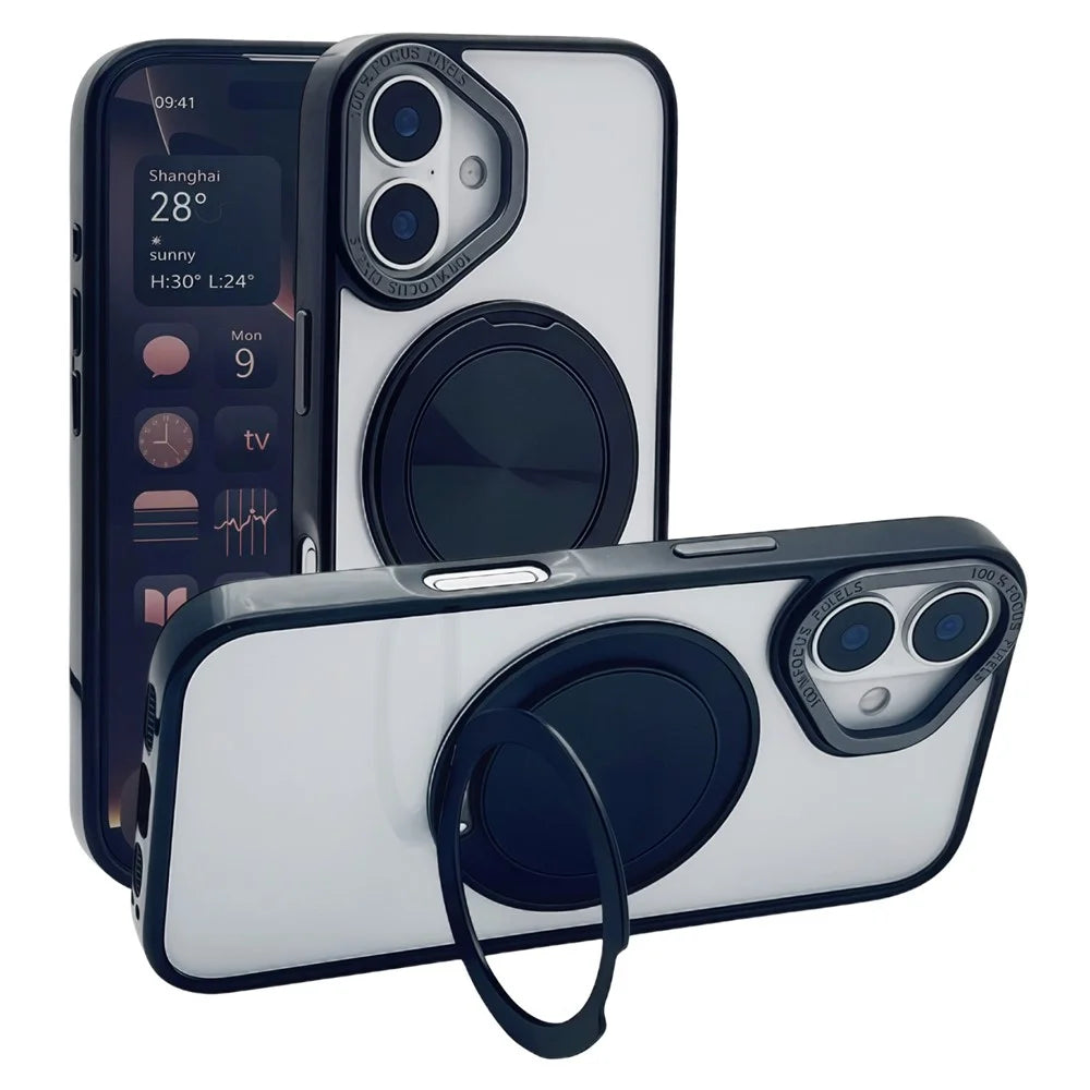 For iPhone 16 Magnetic Case Acrylic TPU Phone Back Cover with Kickstand - Black - 1