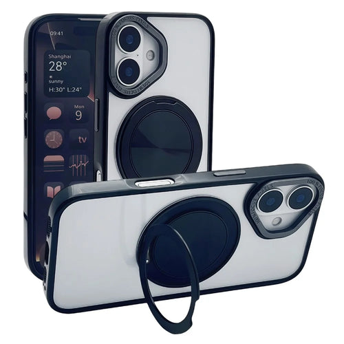 For iPhone 16 Plus Magnetic Case Acrylic TPU Phone Back Cover with Kickstand - Black - 1