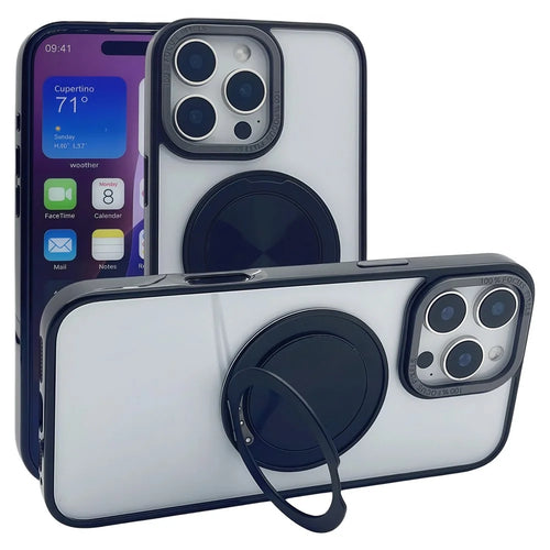 For iPhone 15 Pro Max Magnetic Case Acrylic TPU Phone Back Cover with Kickstand - Black - 1