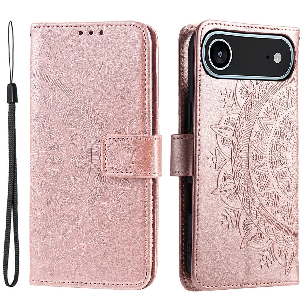 For iPhone Air Stand Case Imprinted Totem PU Leather Wallet Phone Cover with Wrist Strap - Rose Gold - 1