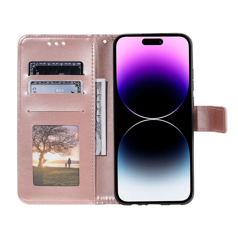 For iPhone Air Stand Case Imprinted Totem PU Leather Wallet Phone Cover with Wrist Strap - Rose Gold - 2