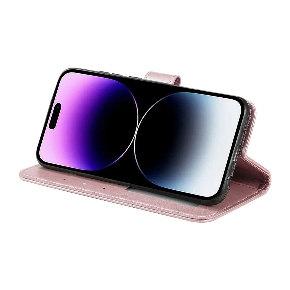 For iPhone Air Stand Case Imprinted Totem PU Leather Wallet Phone Cover with Wrist Strap - Rose Gold - 3