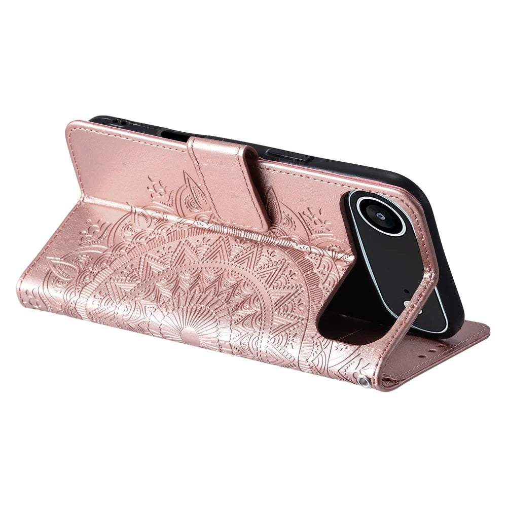 For iPhone Air Stand Case Imprinted Totem PU Leather Wallet Phone Cover with Wrist Strap - Rose Gold - 4