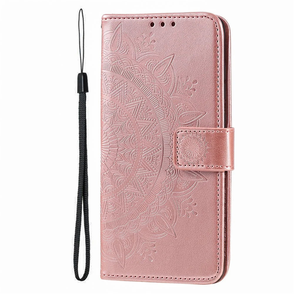 For iPhone Air Stand Case Imprinted Totem PU Leather Wallet Phone Cover with Wrist Strap - Rose Gold - 5