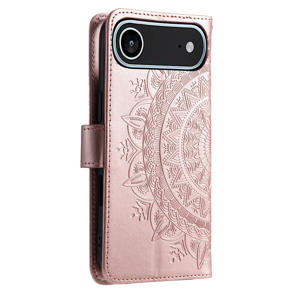 For iPhone Air Stand Case Imprinted Totem PU Leather Wallet Phone Cover with Wrist Strap - Rose Gold - 6