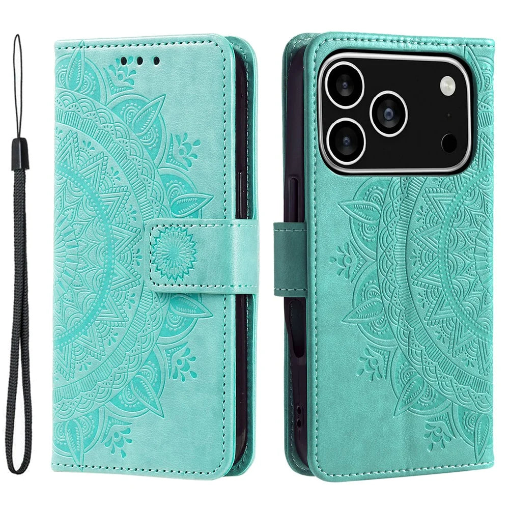For iPhone 18 Pro / 17 Pro Stand Case Imprinted Totem PU Leather Wallet Phone Cover with Wrist Strap - Mint Green - 1