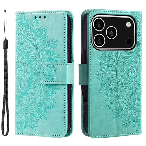 For iPhone 18 Pro / 17 Pro Stand Case Imprinted Totem PU Leather Wallet Phone Cover with Wrist Strap - Mint Green - 1