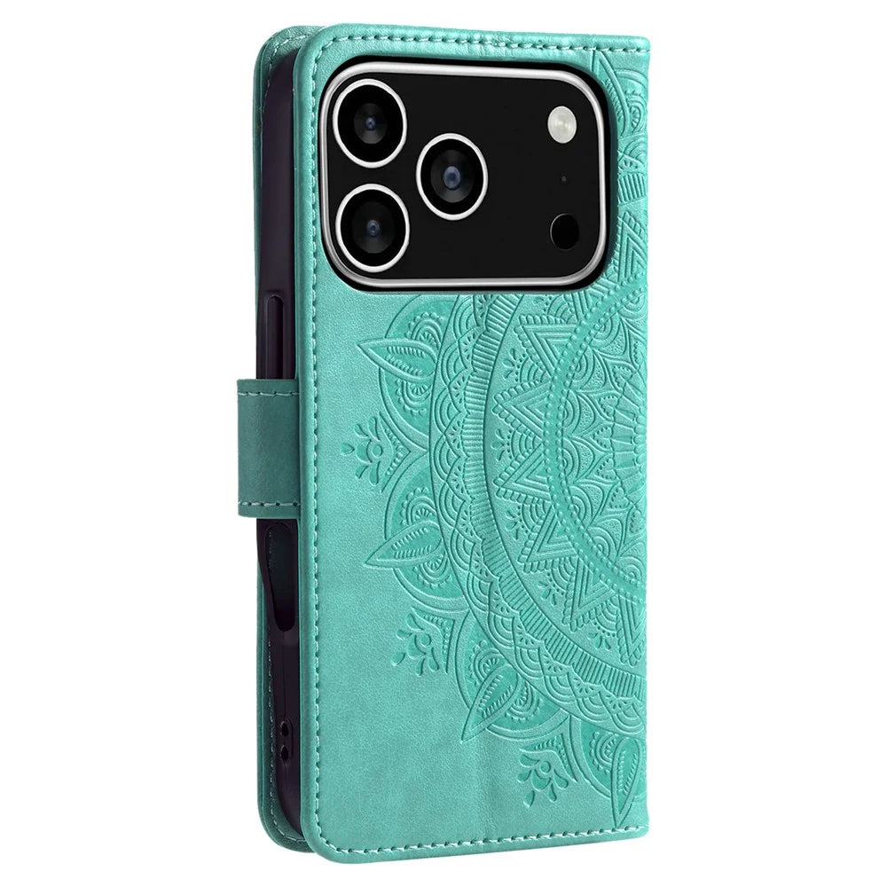 For iPhone 18 Pro / 17 Pro Stand Case Imprinted Totem PU Leather Wallet Phone Cover with Wrist Strap - Mint Green - 6
