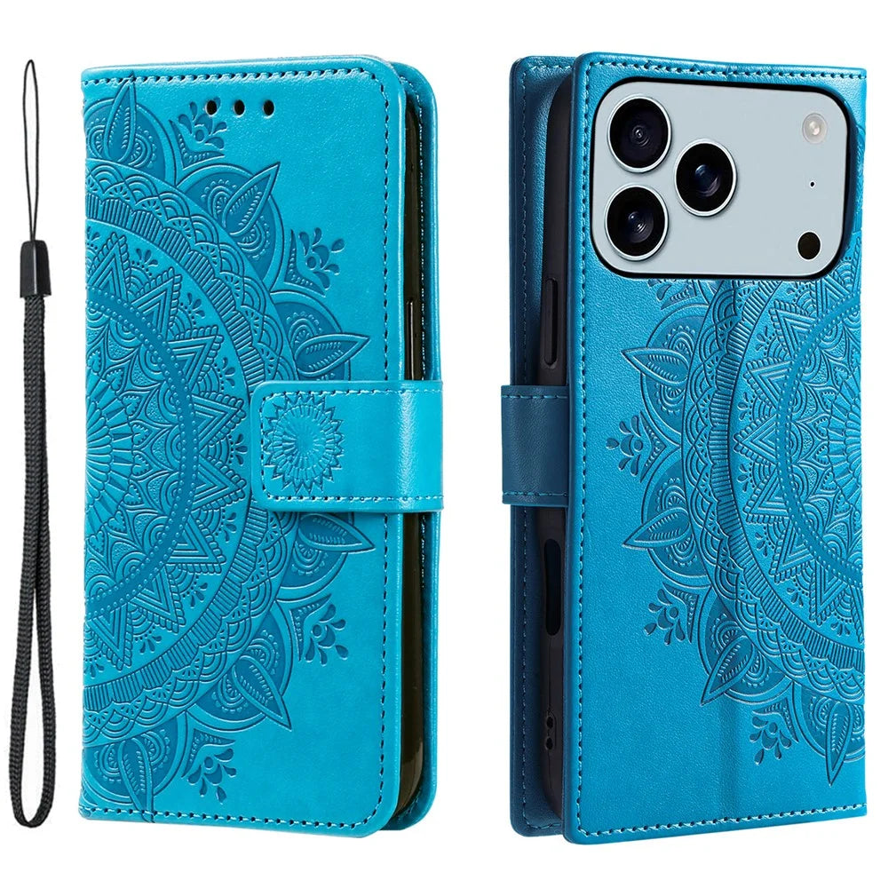 For iPhone 18 Pro Max / 17 Pro Max Stand Case Imprinted Totem PU Leather Wallet Phone Cover with Wrist Strap - Blue - 1