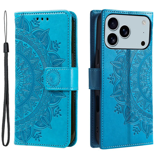 For iPhone 18 Pro Max / 17 Pro Max Stand Case Imprinted Totem PU Leather Wallet Phone Cover with Wrist Strap - Blue - 1