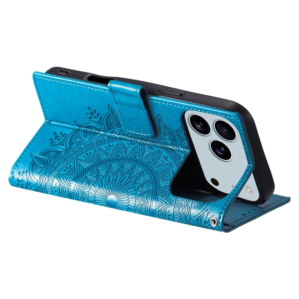 For iPhone 18 Pro Max / 17 Pro Max Stand Case Imprinted Totem PU Leather Wallet Phone Cover with Wrist Strap - Blue - 4