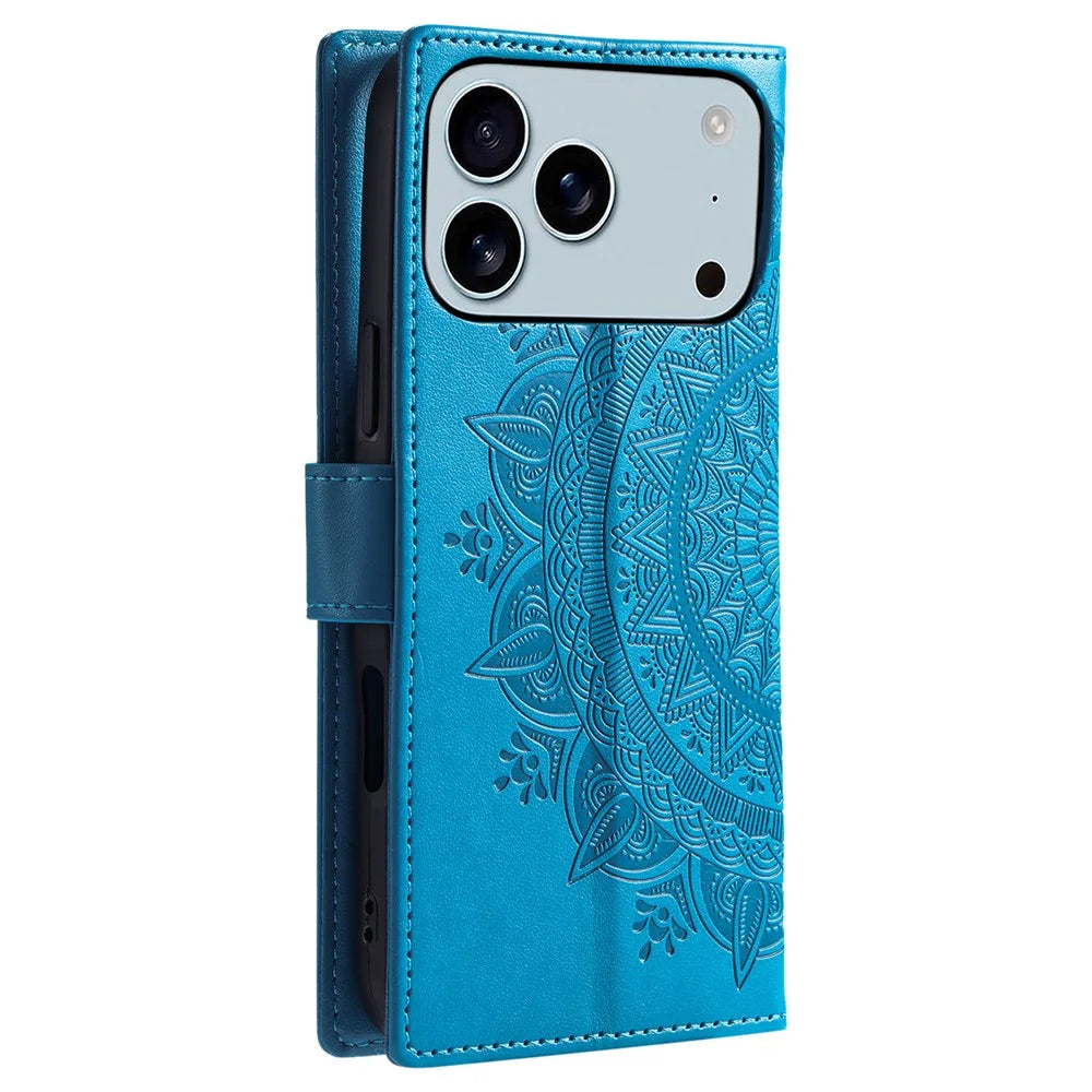 For iPhone 18 Pro Max / 17 Pro Max Stand Case Imprinted Totem PU Leather Wallet Phone Cover with Wrist Strap - Blue - 6