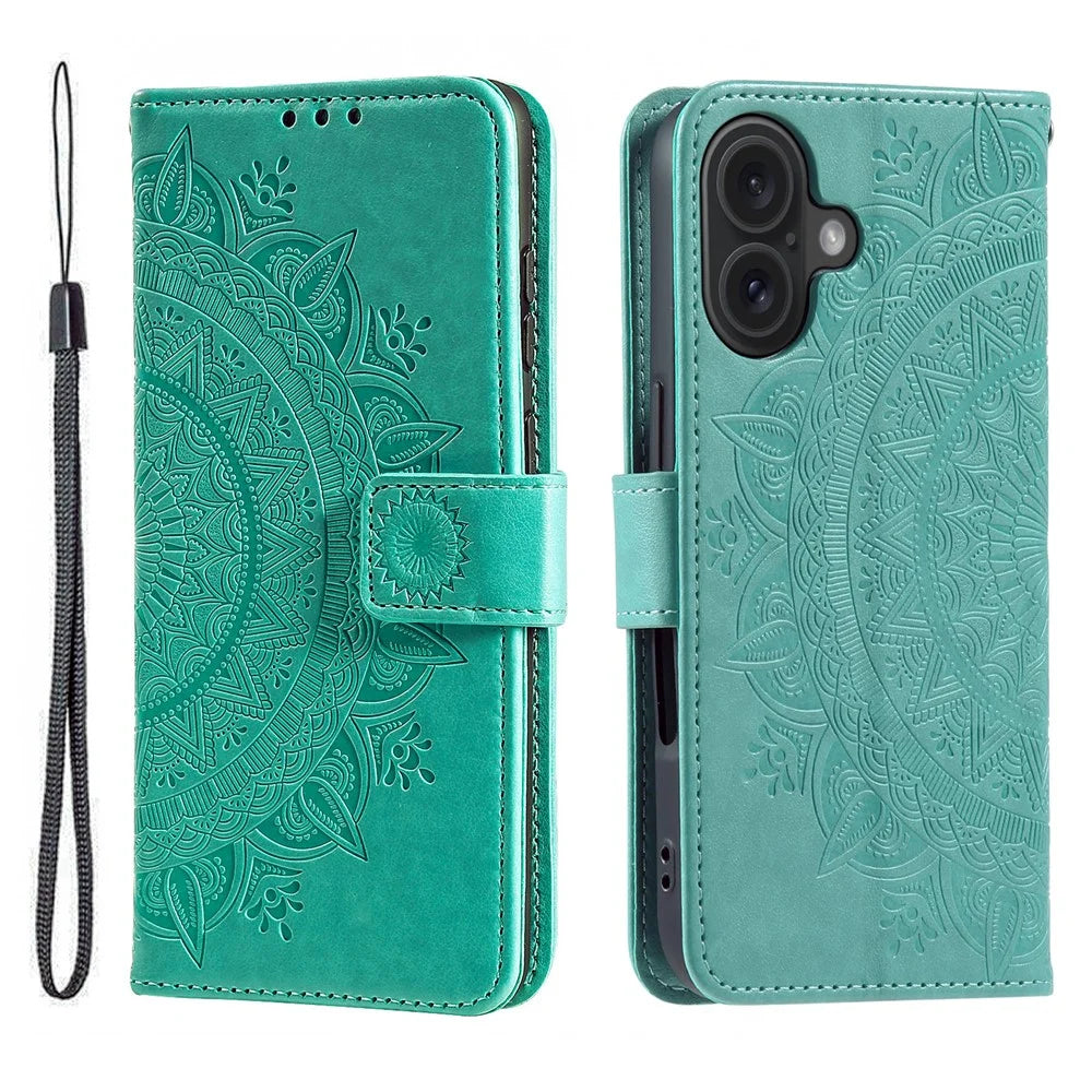 For iPhone 17 Stand Case Imprinted Totem PU Leather Wallet Phone Cover with Wrist Strap - Mint Green - 1