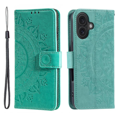 For iPhone 17 Stand Case Imprinted Totem PU Leather Wallet Phone Cover with Wrist Strap - Mint Green - 1
