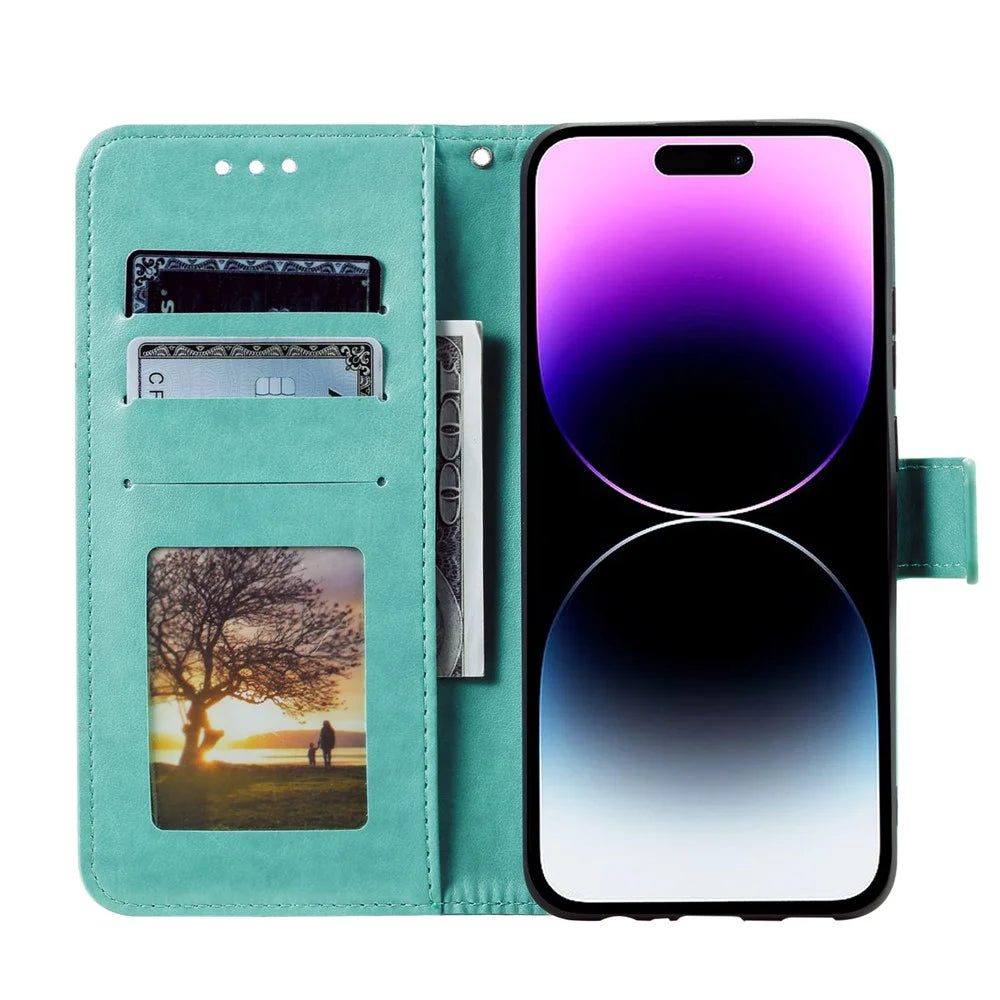 For iPhone 17 Stand Case Imprinted Totem PU Leather Wallet Phone Cover with Wrist Strap - Mint Green - 2
