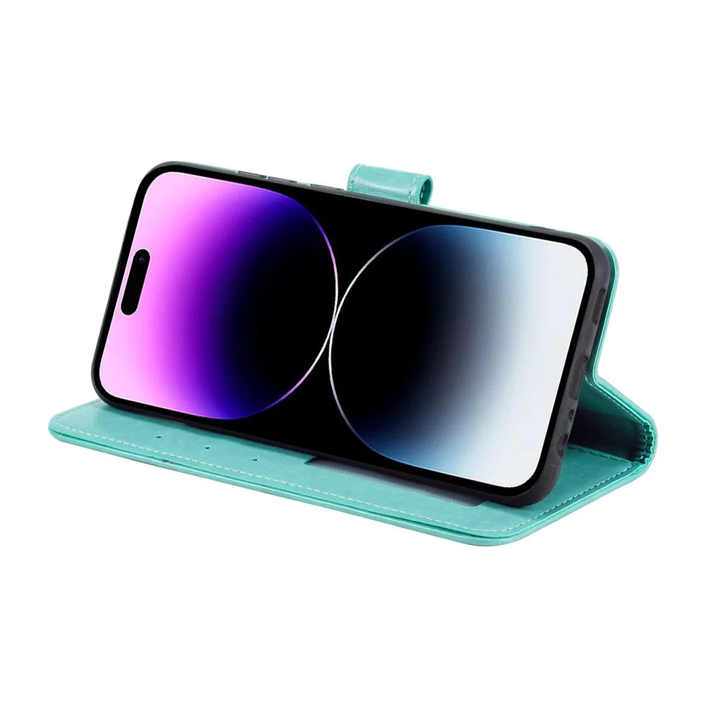 For iPhone 17 Stand Case Imprinted Totem PU Leather Wallet Phone Cover with Wrist Strap - Mint Green - 3