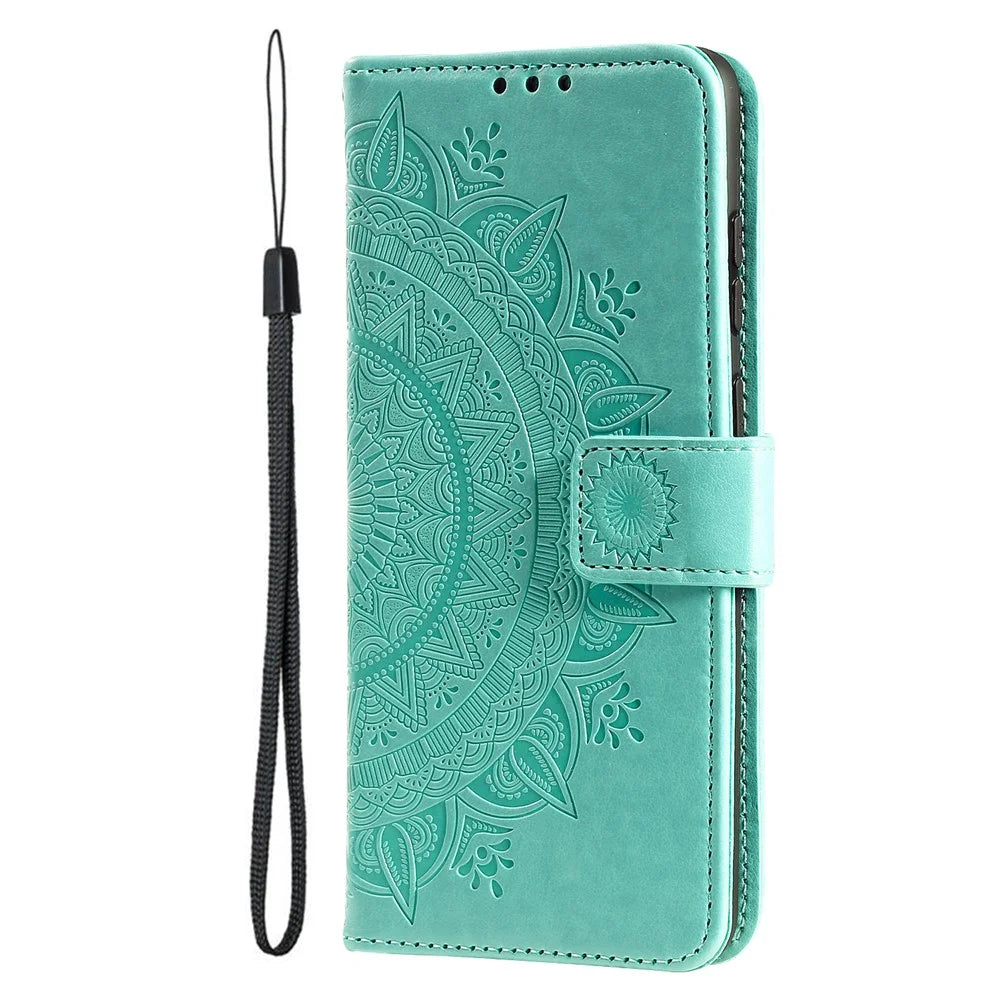 For iPhone 17 Stand Case Imprinted Totem PU Leather Wallet Phone Cover with Wrist Strap - Mint Green - 5