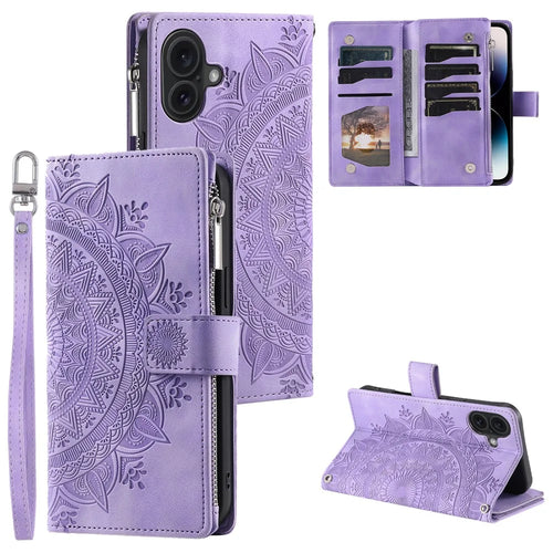 For iPhone 17 Wallet Case Mandala Flower Pattern PU Leather Phone Cover with Wrist Strap - Purple - 1