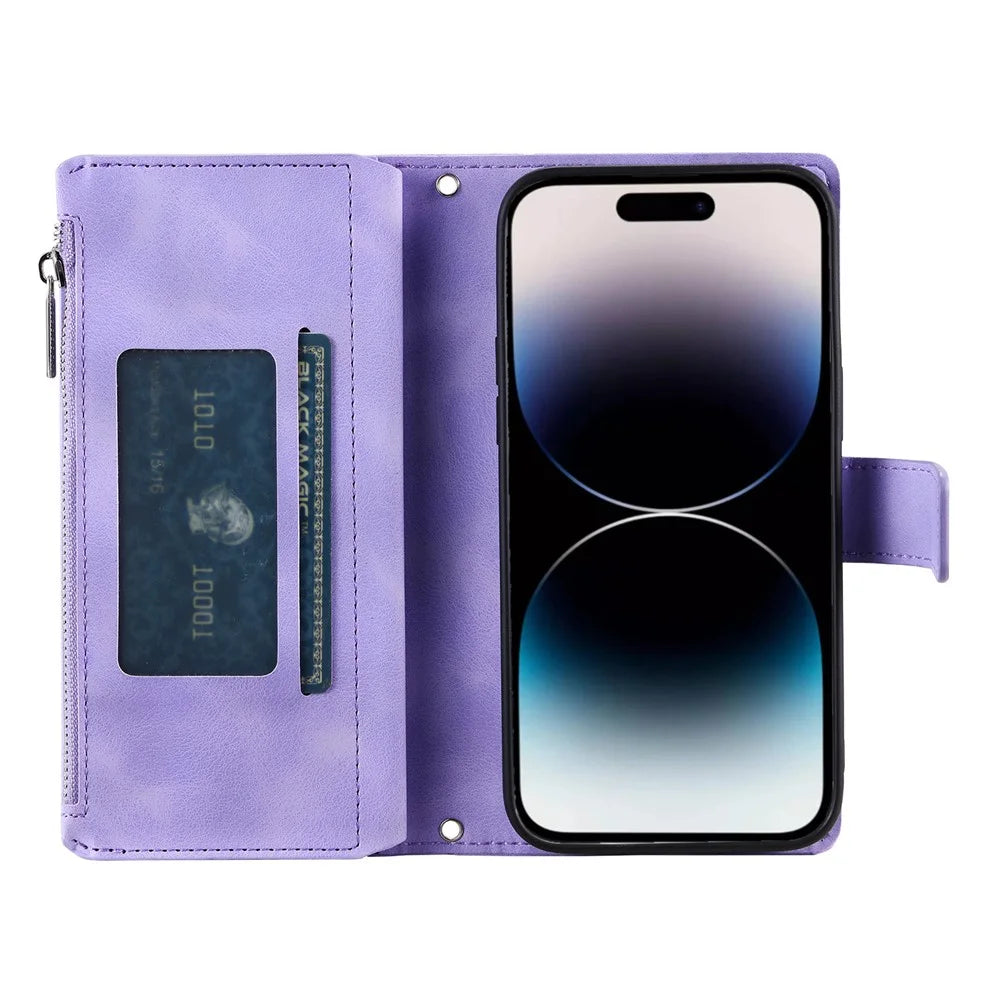 For iPhone 17 Wallet Case Mandala Flower Pattern PU Leather Phone Cover with Wrist Strap - Purple - 2