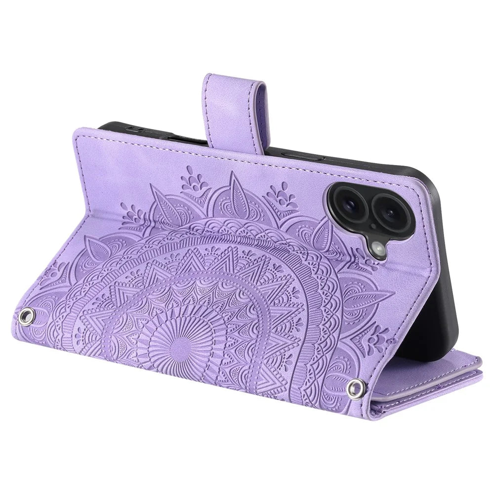 For iPhone 17 Wallet Case Mandala Flower Pattern PU Leather Phone Cover with Wrist Strap - Purple - 4