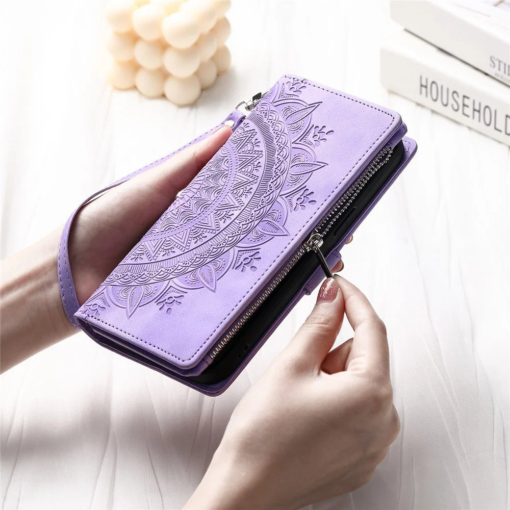 For iPhone 17 Wallet Case Mandala Flower Pattern PU Leather Phone Cover with Wrist Strap - Purple - 7