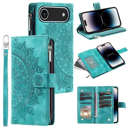 For iPhone Air Wallet Case Mandala Flower Pattern PU Leather Phone Cover with Wrist Strap - Mint Green - 1