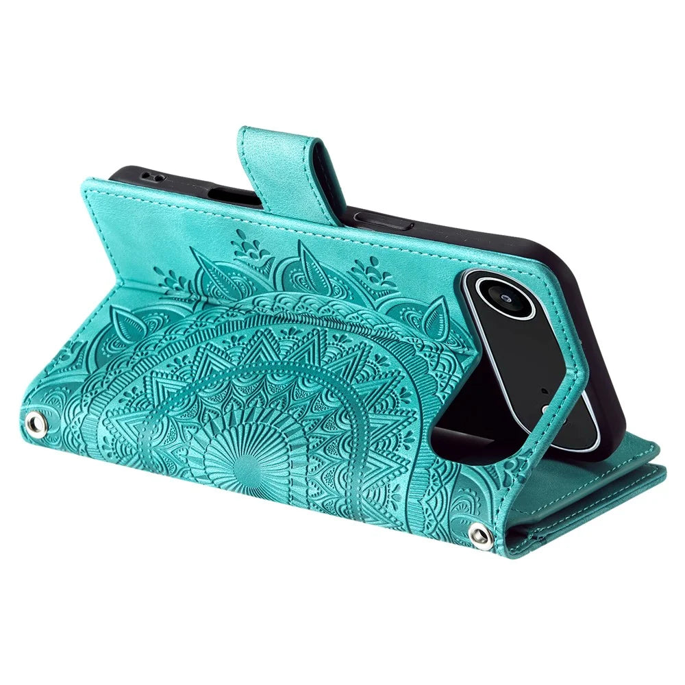 For iPhone Air Wallet Case Mandala Flower Pattern PU Leather Phone Cover with Wrist Strap - Mint Green - 4